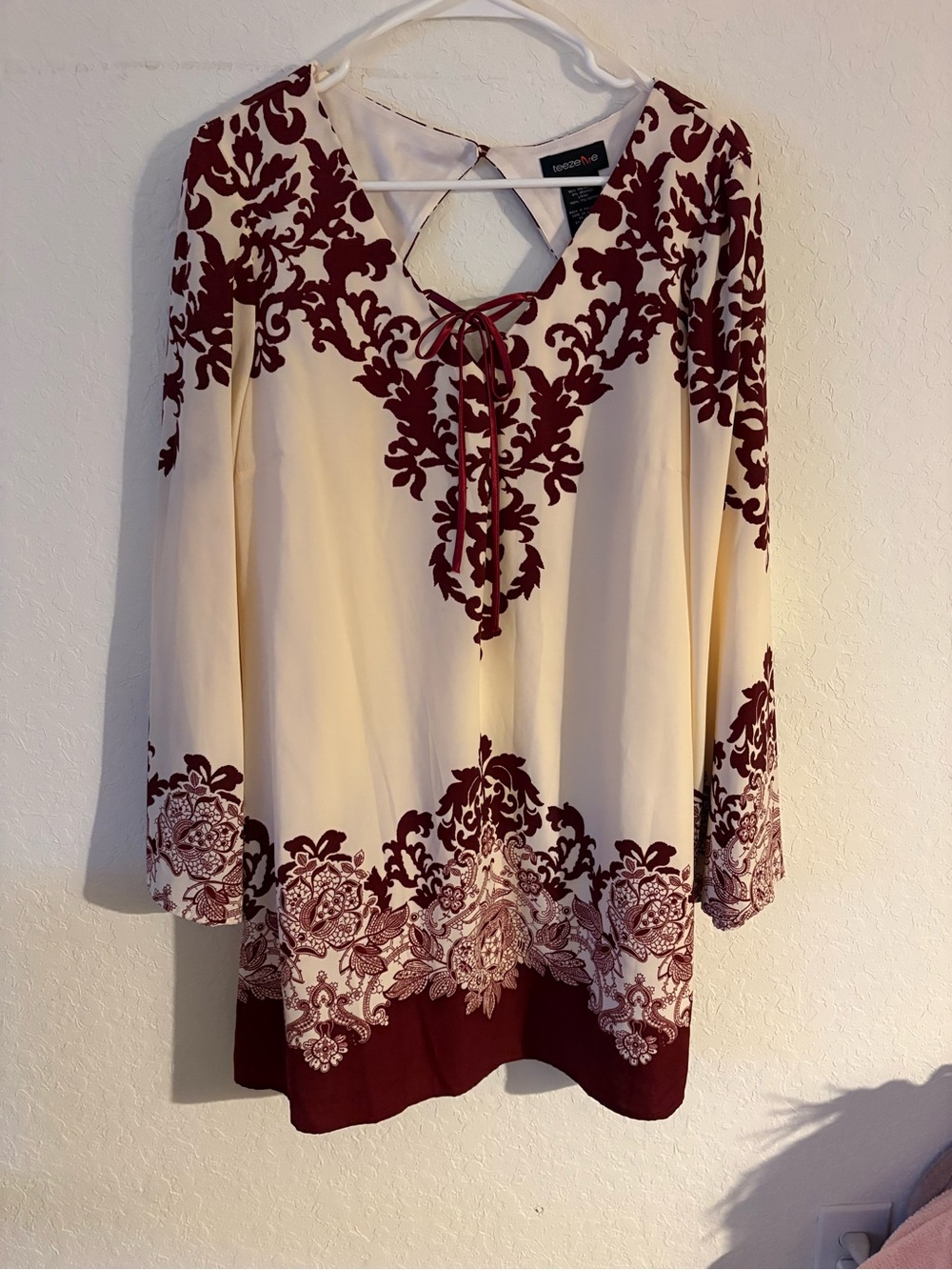 Teeze Me Cream Tunic with Burgundy Floral Print and Tie Front